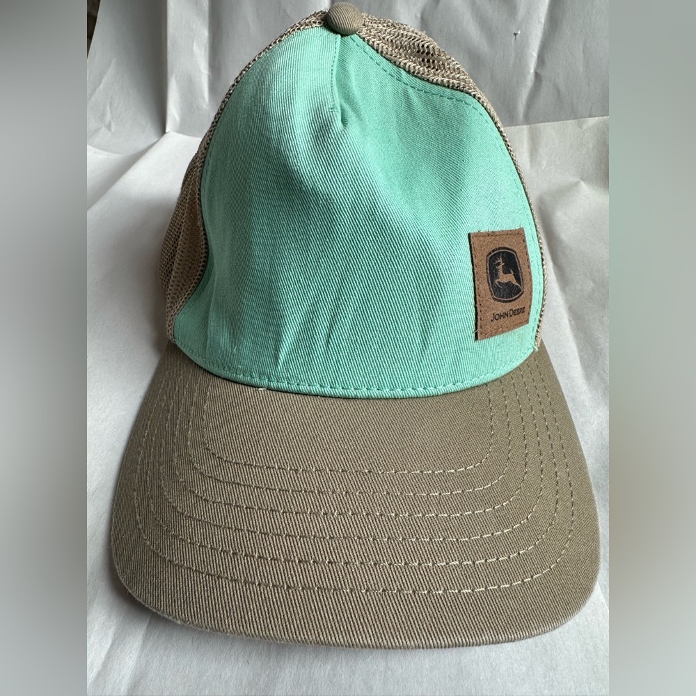 John Deere aqua green and tan mesh back trucker hat
